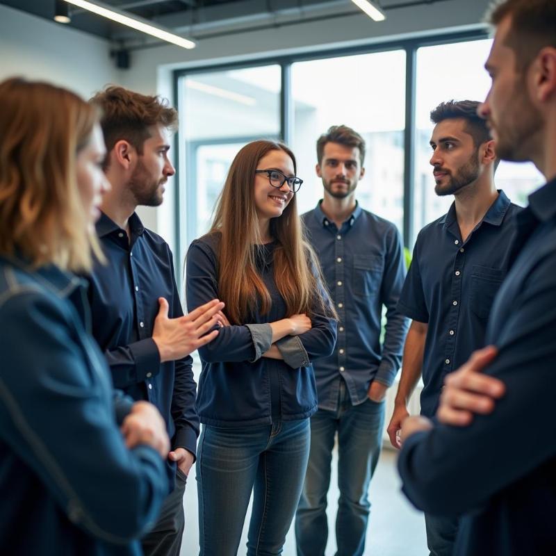 Một nhóm kỹ sư trẻ đang tham gia một buổi đào tạo hoặc workshop về kỹ năng mềm (giao tiếp, làm việc nhóm) trong môi trường văn phòng hoặc phòng họp thoải mái